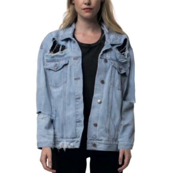 Women’s Denim Jean Jacket Distressed Light blue wash Oversized Size XSmall NWT - Picture 4 of 16
